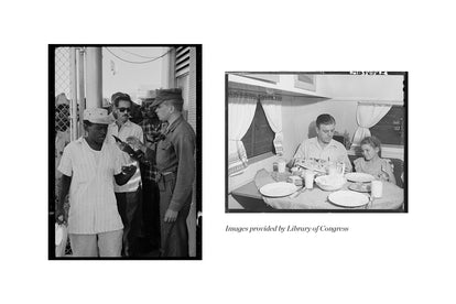 Diptych of cuban man at military base in America, circa 1960s, and man with daughter in camp collar shirt at the dining table. Both images courtesy of Library of Congress.