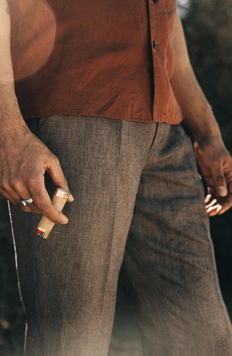 Model wearing The Sheffield Trouser in Cocoa Linen