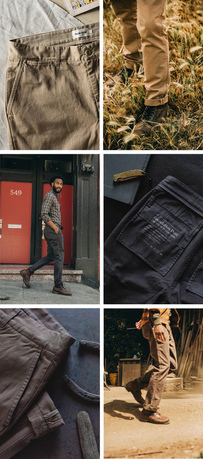 A collage of our new Foundation Pant in Organic Khaki, Espresso, and Coal.