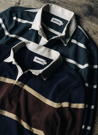 The Rugby Shirt in Dark Navy Stripe and Dark Forest Stripe