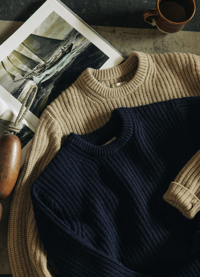The Fisherman Sweater in Dark Navy and Camel