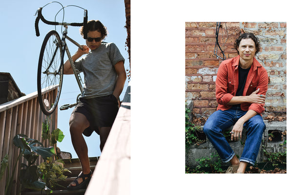 Dual-framed image with photos of Ryan carrying his bicycle down a flight of wooden steps and sitting on cinder blocks in front of an old brick wall.