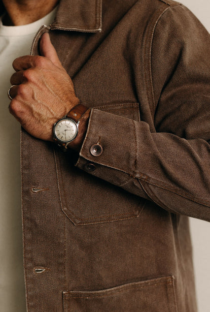 Close up of model in The Fremont Jacket in Aged Penny Chipped Canvas
