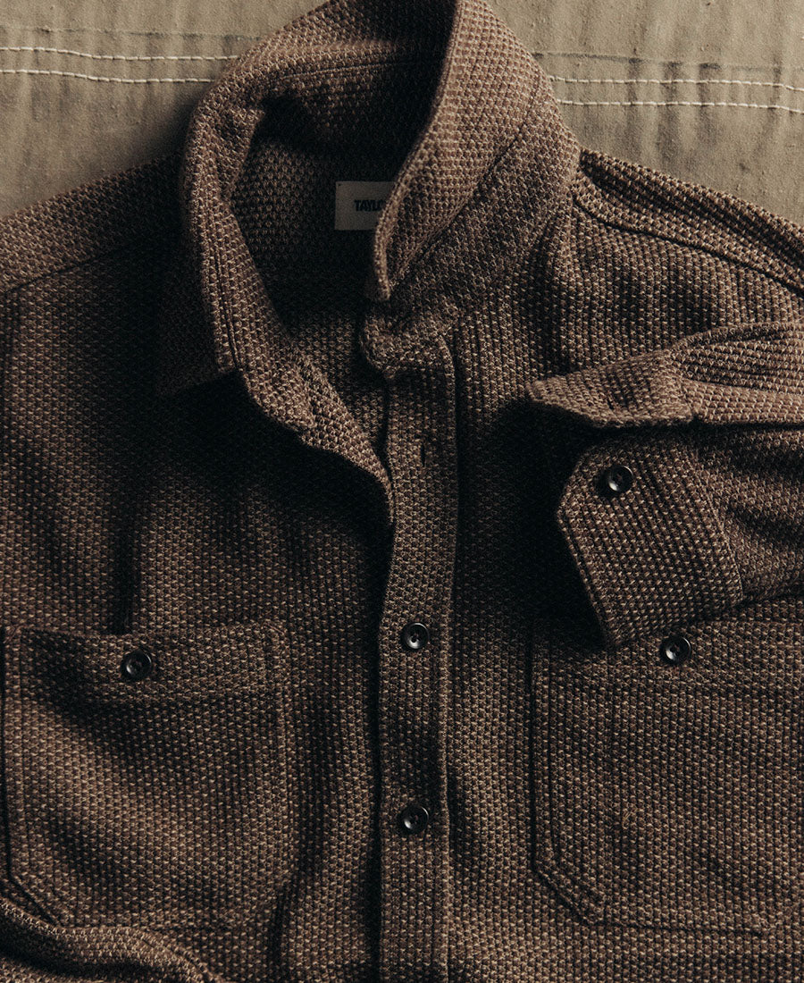 editorial flatlay of The Utility Shirt in Mulch Sashiko, by Taylor Stitch