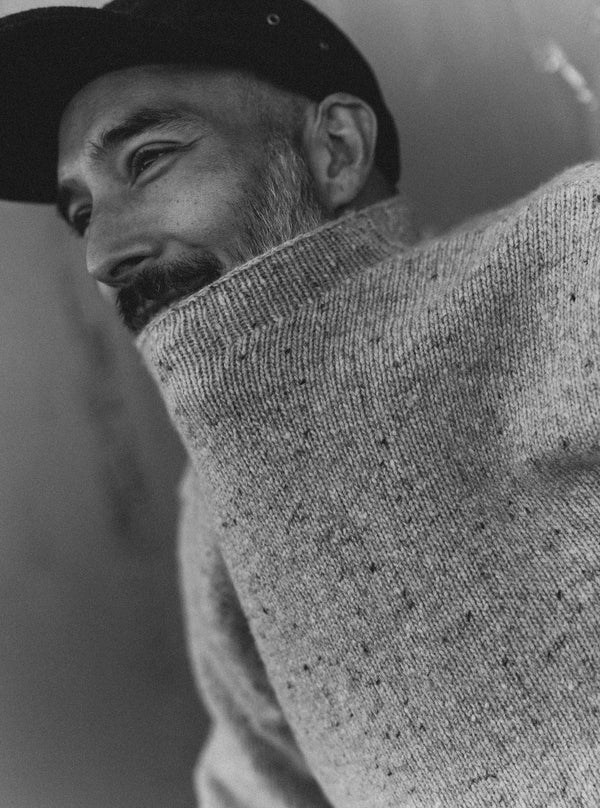 Model wearing The Seafarer Sweater in Natural Donegal