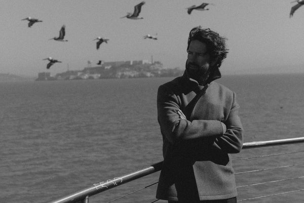 Model wearing The Mariner Coat