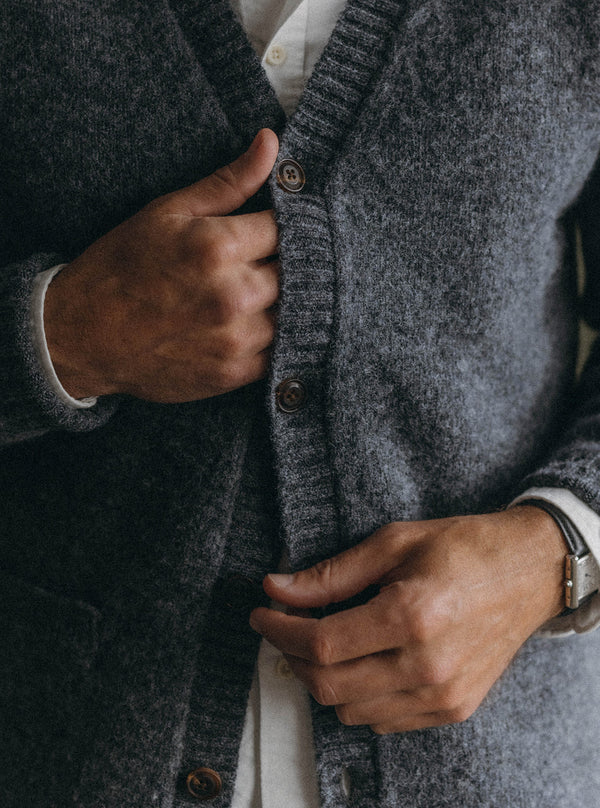 Close up of The Eastmoor Cardigan in Heather Graphite