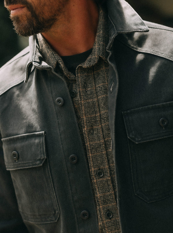 Close up of model in The Shop Shirt