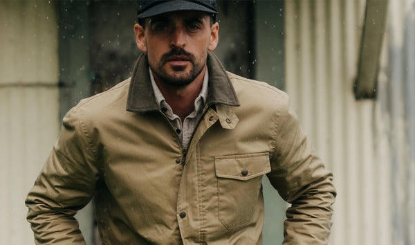 Model wearing The Deck Jacket in Khaki Dry Wax