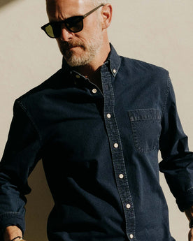 fit model showing the front of The Jack in Indigo Oxford, Wovens by Taylor Stitch