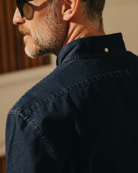 fit model showing the back of The Jack in Indigo Oxford, Wovens by Taylor Stitch