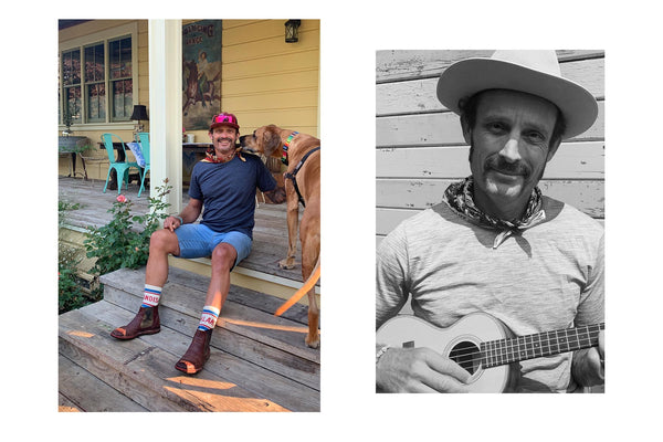 Yuri on his porch petting his dog, and playing the ukelele
