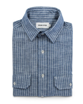 The Chore Shirt in Indigo Striped Chambray: Featured Image, Wovens by Taylor Stitch