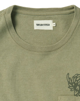material shot of the collar and label on The Heavy Bag Tee in Sage Dahlia, Knits by Taylor Stitch