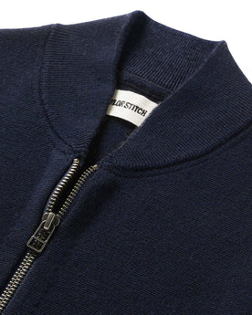 material shot of the collar on The Portola Bomber in Midnight Merino, Knits by Taylor Stitch