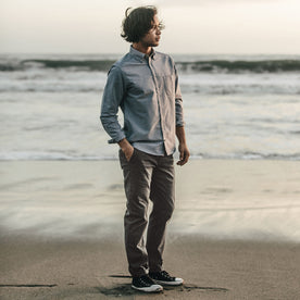 Our fit model wearing The Slim Chino in Organic Ash.