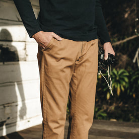 Our fit model wearing The Democratic Chino in Organic British Khaki.