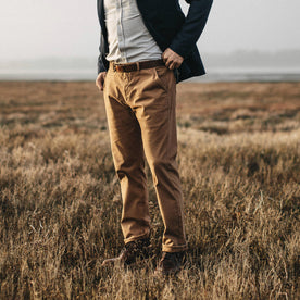 Our fit model wearing The Slim Chino in Organic British Khaki.
