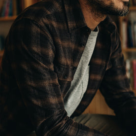 Fit model showing fabric detail on The Yosemite Shirt in Timber Shadow Plaid