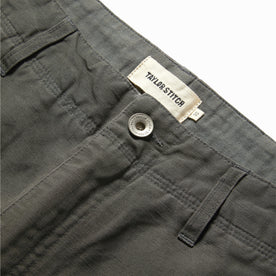 material shot of the button on The Morse Short in Dark Slate Linen