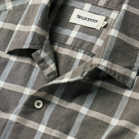 material shot of the camp collar on The Short Sleeve Hawthorne in Espresso Plaid