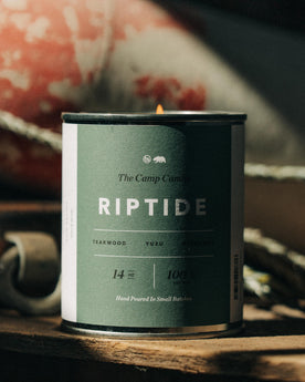 material shot of The Camp Candle in Riptide on a table, Accessories by Taylor Stitch