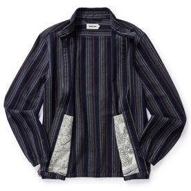 flatlay of The Clark Jacket in Indigo Stripe, unzipped