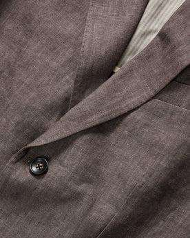 material shot of the front button on The Sheffield Sport Coat in Cocoa Linen, Outerwear by Taylor Stitch