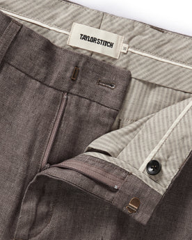material shot of the hook and bar closure on The Sheffield Trouser in Cocoa Linen, Bottoms by Taylor Stitch