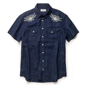 flatlay of The Embroidered Short Sleeve Western in Indigo Linen
