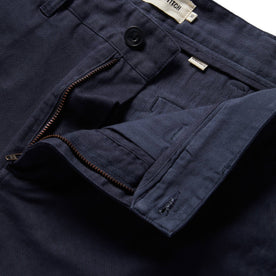 material shot of an open fly of The Democratic Foundation Pant in Organic Dark Navy