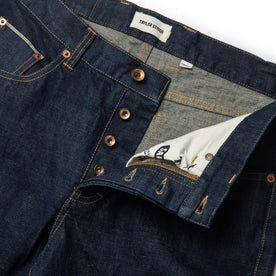 material shot of open button fly of The Democratic Jean in Rinsed Organic Selvage