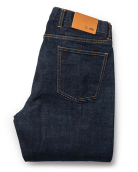 folded flatlay from the back of The Democratic Jean in Rinsed Organic Selvage, Bottoms by Taylor Stitch