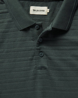 material shot of collar and placket of The Polo in Dark Slate Jacquard, Knits by Taylor Stitch