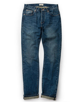 unfolded flatlay of The Slim Jean in Sawyer Wash Organic Selvage, Bottoms by Taylor Stitch