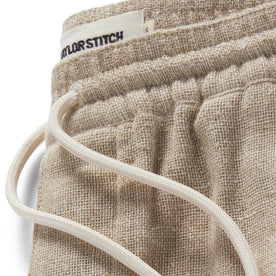material shot of the drawstring of The Apres Pant in Oat Donegal