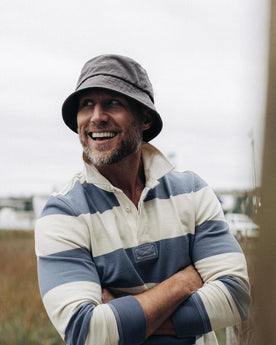 fit model showing off The Bucket Hat in Washed Taupe Twill, Accessories by Taylor Stitch