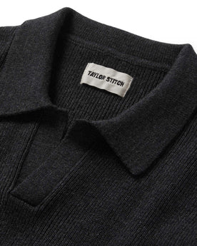 material shot of the collar on The Charleston Sweater in Heather Charcoal, Knits by Taylor Stitch