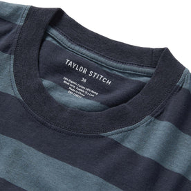 material shot of the collar on The Cotton Hemp Tee in Storm and Navy Stripe