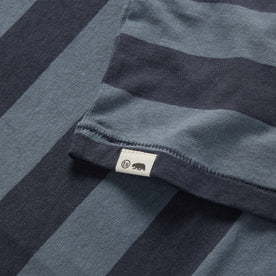 material shot of the TS label on The Cotton Hemp Tee in Storm and Navy Stripe
