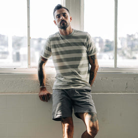 fit model wearing The Cotton Hemp Tee in Natural and Sagebrush Stripe