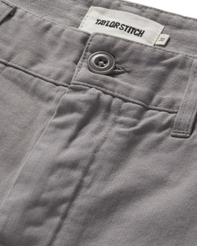 material shot of the button fly on The Foundation Short in Organic Steeple Grey, Bottoms by Taylor Stitch