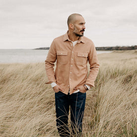 fit model wearing The Ledge Shirt in Dusty Coral Twill