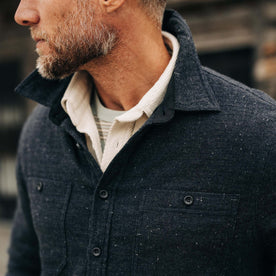 fit model showing off collar on The Lined Utility Shirt in Charcoal Donegal