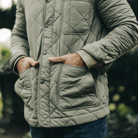 fit model with his hands in his pockets wearing The Ojai Jacket in Sagebrush Diamond Quilt
