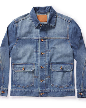 flatlay of The Ryder Jacket in Sun Bleached Denim, Outerwear by Taylor Stitch