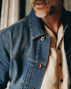fit mode showing the front of The Ryder Jacket in Sun Bleached Denim, Outerwear by Taylor Stitch