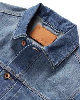 material shot of the collar on The Ryder Jacket in Sun Bleached Denim, Outerwear by Taylor Stitch