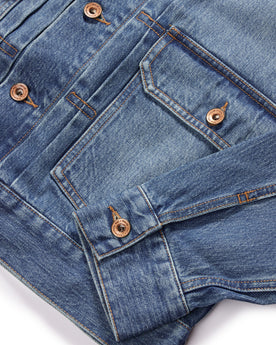 material shot of the cuffs and hardware on The Ryder Jacket in Sun Bleached Denim, Outerwear by Taylor Stitch