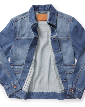 flatlay of The Ryder Jacket in Sun Bleached Denim, shown open, Outerwear by Taylor Stitch
